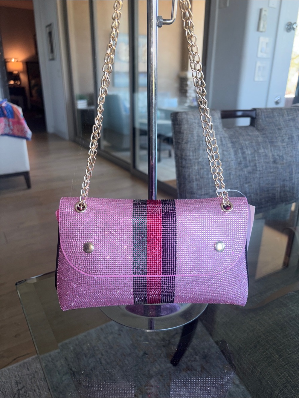 Pink Chain-Strap 2 way Bag with Accent Stripe.